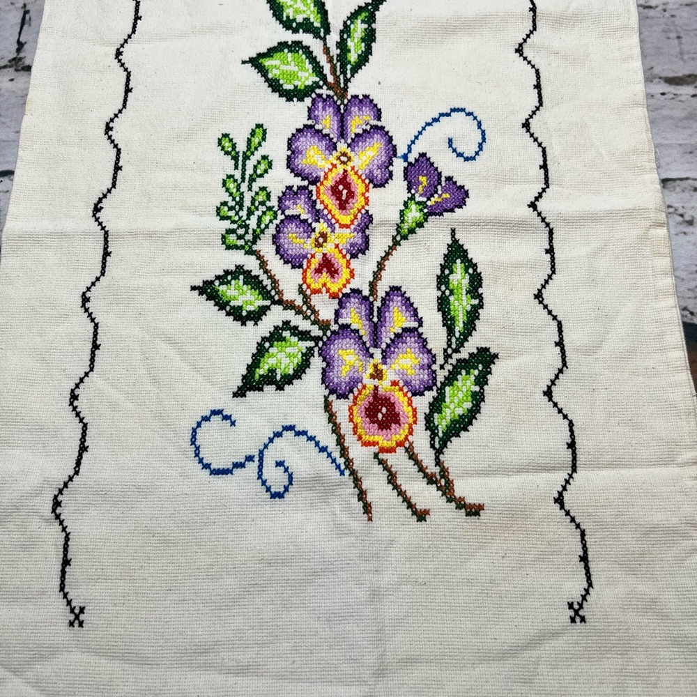 Vintage hand Floral Embroidered purple bearded iris pillow case cotton linen